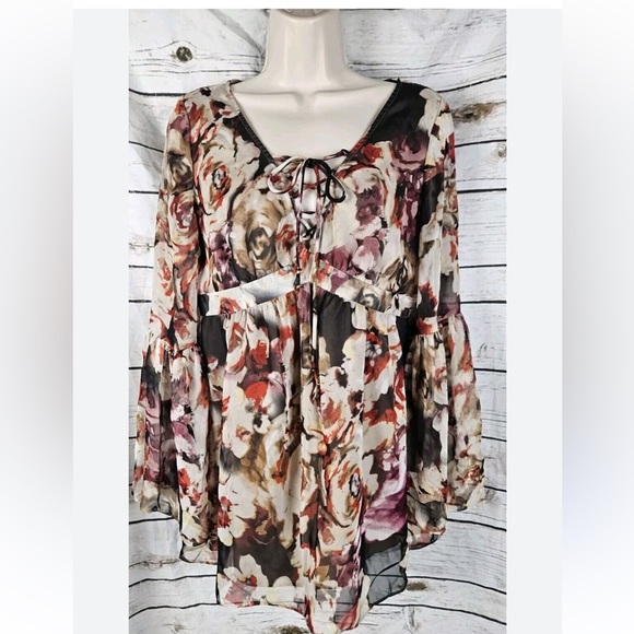 Boston proper women’s babydoll floral tunic blouse lace up V neck empire waist L - Picture 4 of 15